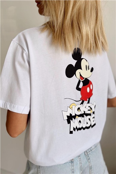 Beyaz Önü Arkası Mickey  Mouse Baskılı Tshirt T-SHİRT