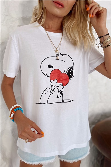 Beyaz Snoopy Baskılı Tshirt T-SHİRT