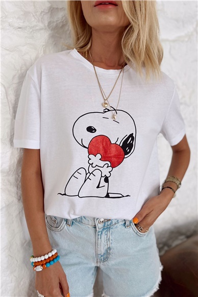 Beyaz Snoopy Baskılı Tshirt T-SHİRT