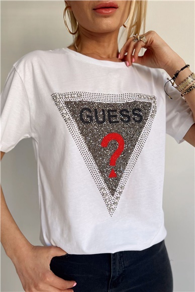 Beyaz Üçgen Taşlı Guess Tshirt T-SHİRT