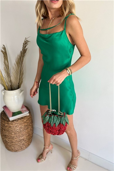 Yeşil  Degaje Yaka Saten Mini Elbise ELBİSE